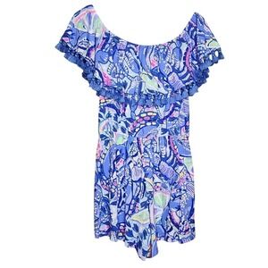 Lilly Pulitzer La Fortuna Boho Romper Tassel Blue Pink Ruffle Off Shoulder M